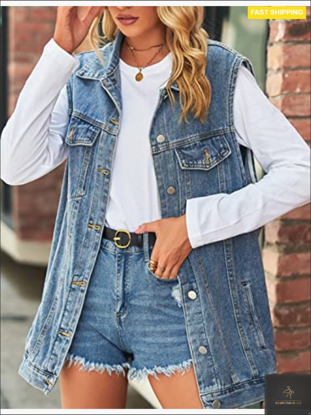 Oversized Mid Long Denim Vest Button Down Sleeveless Jean Waistcoat Classic - Picture 2 of 7
